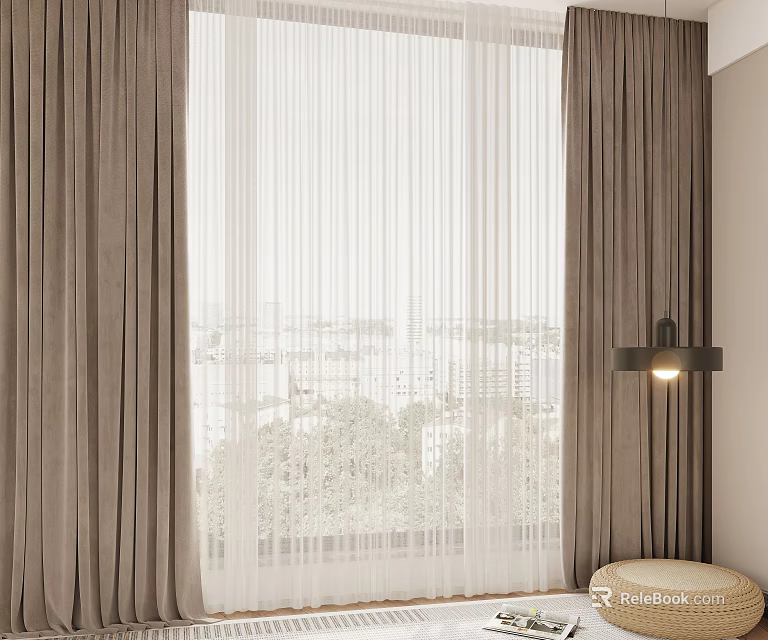 Brown Curtains With White Sheer Panels By Window With Trees Outside And Wall Lamp 3d model 