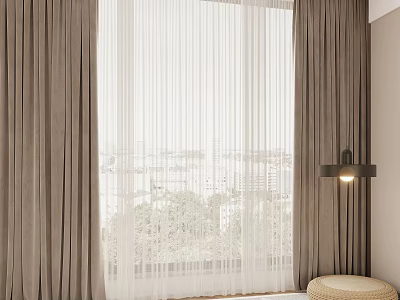 Brown Curtains With White Sheer Panels By Window With Trees Outside And Wall Lamp 3d model