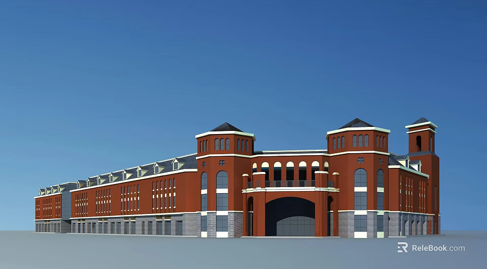 Red Brick Commercial Street With Classical Towers Arched Entrance And Multiple Windows 3d model 