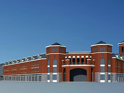 Red Brick Commercial Street With Classical Towers Arched Entrance And Multiple Windows 3d model