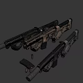 Two Tactical Rifles With Scope And Tactical Accessories In Tan And Gray