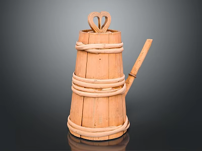 Traditional Wooden Container With Woven Rattan Bands Heart Shaped Handle And Wooden Spout 3d model