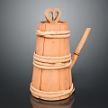 Traditional Wooden Container With Woven Rattan Bands Heart Shaped Handle And Wooden Spout