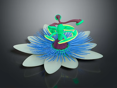 Colorful Cartoon Scene Featuring Flower With White Petals Blue Center And Green Spinning Character 3d model