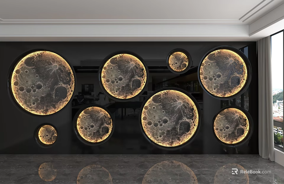 Background Wall Design With Illuminated Circular Moon Patterns For Modern Interior 3d model 