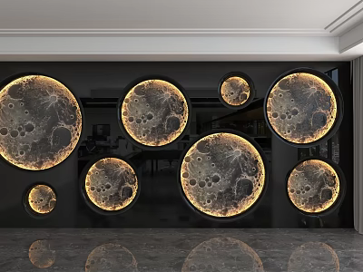 Background Wall Design With Illuminated Circular Moon Patterns For Modern Interior 3d model