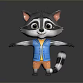 Cute Cartoon Raccoon Character With Grey Fur Blue Vest And Orange Shorts
