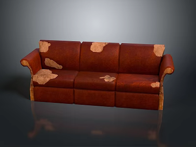 Brown Two Seater Sofa With Worn Peeling Leather Surfaces And Armrests 3d model