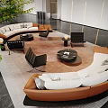 Curved Leisure Sofa Set White Brown Upholstery Round Coffee Tables Accent Chairs Green Plant