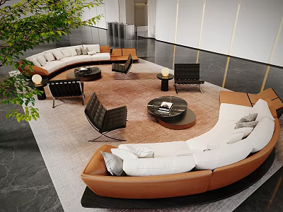 Curved Leisure Sofa Set White Brown Upholstery Round Coffee Tables Accent Chairs Green Plant 3d model