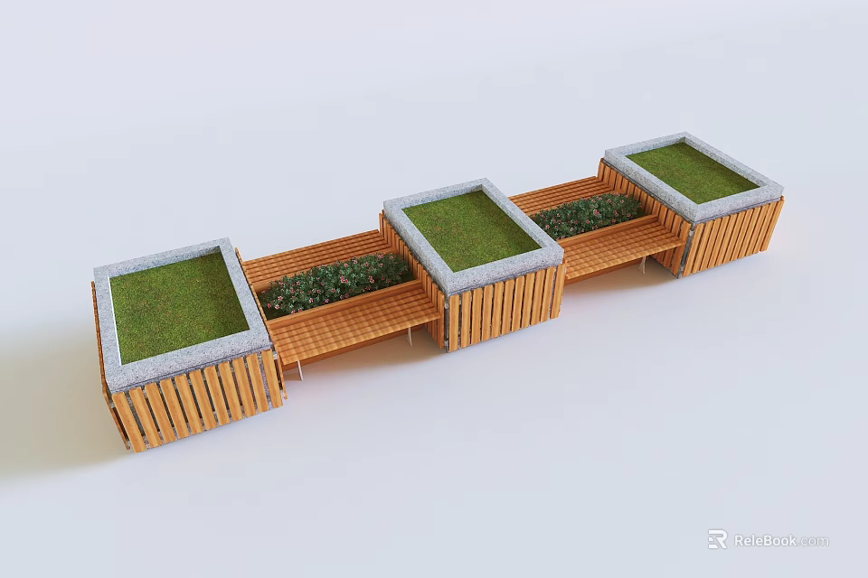 Outdoor Wooden Tree Planters With Stone Edges And Lush Greenery Arrangement 3d model 