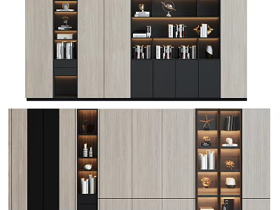 Modern Wooden Bookcase Design With Black Accents Lighting And Decorative Items On Multiple Shelves 3d model