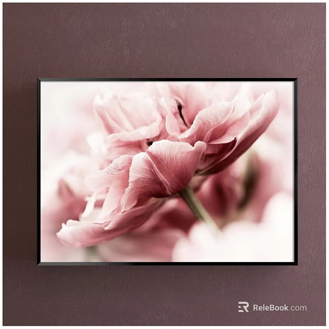 Framed Botanical Painting Of Pink Tulip With Soft Petals On Dark Wall 3d model 