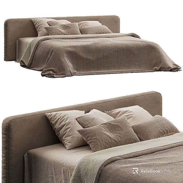 Modern Double Bed With Brown Upholstered Headboard Soft Beige Pillows And Blanket 3d model