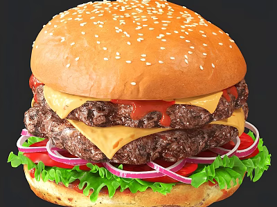 Juicy Multi Patty Burger With Sesame Seed Bun Melted Cheese Fresh Lettuce Tomato And Onion 3d model