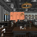 Modern Industrial Bar Interior With Wooden Tables Pendant Lights Bookshelves Bar Counter And Chairs