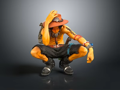 Anime Character Figurine With Red Hat Tattoo Design Backpack Squatting Pose Decorative Collectible Home Decor 3d model