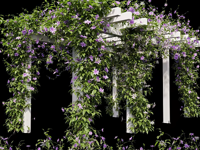 Outdoor White Pergola With Lush Green Vines And Purple Flowers 3d model