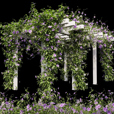 Outdoor White Pergola With Lush Green Vines And Purple Flowers 3d model