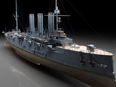Vintage Historical Warship Featuring Multiple Funnels Gray Brown Hull And Deck Details 3d model