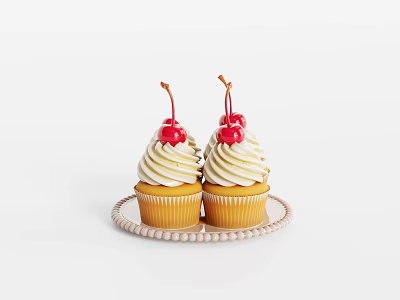 Delicious Vanilla Frosted Cupcakes Topped With Fresh Cherries On Decorative Tray 3d model