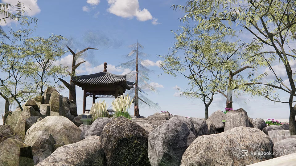 Traditional Landscape Pavilion Surrounded by Rocks and Green Trees Under Blue Sky 3d model 