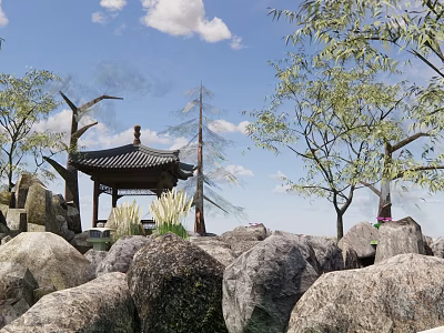 Traditional Landscape Pavilion Surrounded by Rocks and Green Trees Under Blue Sky 3d model