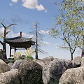 Traditional Landscape Pavilion Surrounded by Rocks and Green Trees Under Blue Sky