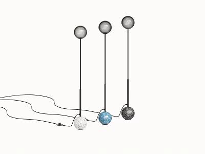 Three Stylish Spherical Floor Lamps With Colored Bases And Black Metal Stands 3d model
