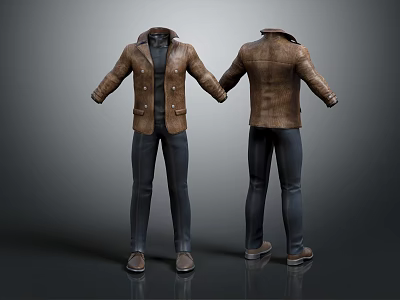 Men's Brown Leather Jacket Front Back Display Paired With Dark Pants And Shoes 3d model