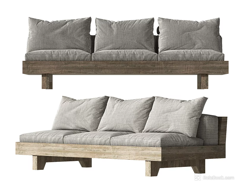 Modern Three Seater Sofa With Gray Cushions And Wooden Frame Design 3d model 
