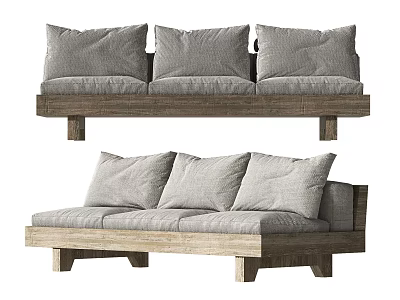 Modern Three Seater Sofa With Gray Cushions And Wooden Frame Design 3d model