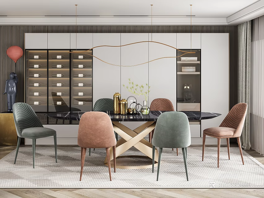 Modern Dining Table Set With Colorful Chairs Black Tabletop And Pendant Light 3d model