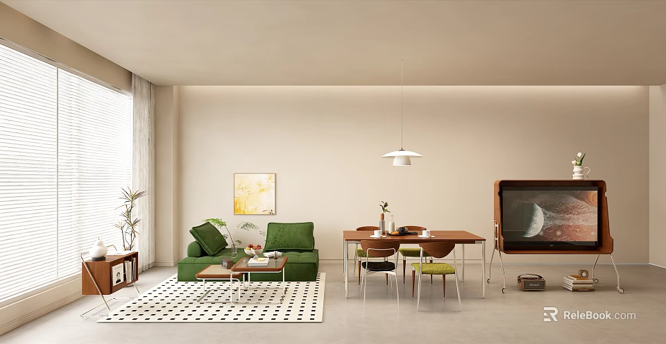 Modern Living Room With Dining Table Chairs Set Green Sofa Coffee Table And Hanging Lamp 3d model 