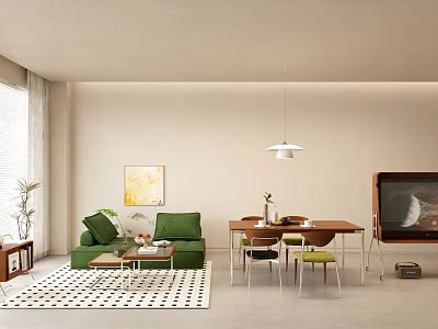 Modern Living Room With Dining Table Chairs Set Green Sofa Coffee Table And Hanging Lamp 3d model