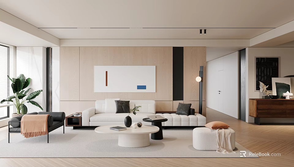 Modern Minimalist Living Room With White Sofa Wooden Wall Abstract Painting And Round Coffee Table 3d model 