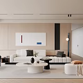 Modern Minimalist Living Room With White Sofa Wooden Wall Abstract Painting And Round Coffee Table