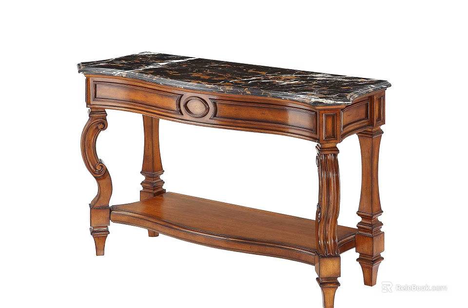 Classic Wooden Desk With Marble Top Carved Legs And Drawer Design 3d model 