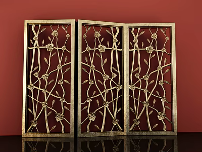 Golden Carved Room Divider With Three Panels And Floral Vine Patterns On Red Background 3d model
