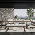 Rustic Dining Table Set with Wooden Chairs Bench and Stone Wall Backdrop City View 3d model