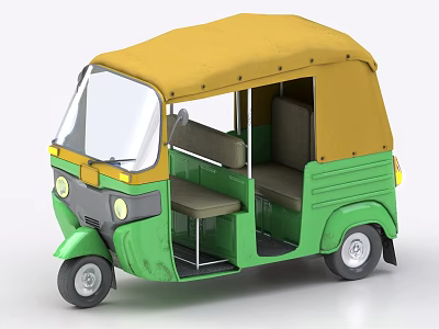Green And Yellow Auto Rickshaw With Open Seating And Canopy 3d model
