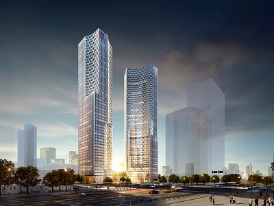 Two Modern Office Buildings With Glass Curtain Wall In Urban Twilight Background 3d model