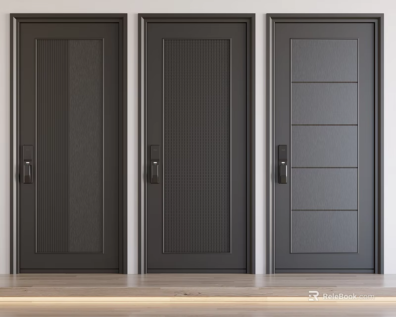 Three Modern Black Security Doors With Striped Mesh And Layered Panel Designs 3d model