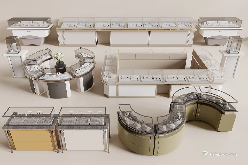 Modern Display Shelves Featuring Curved And Rectangular Designs With Glass Panels 3d model 