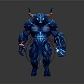 Blue Horned Armored Muscular Humanoid Creature With Glowing Details And Orange Accents