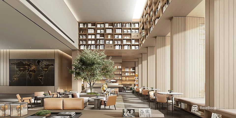 Modern High End Sales Office Lobby With Full Wall Bookshelves Indoor Greenery And Comfortable Seats 3d model 