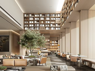 Modern High End Sales Office Lobby With Full Wall Bookshelves Indoor Greenery And Comfortable Seats 3d model