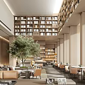 Modern High End Sales Office Lobby With Full Wall Bookshelves Indoor Greenery And Comfortable Seats