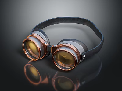 Vintage Copper Goggles With Black Leather Strap Yellow Lenses On Reflective Background 3d model