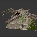 X Wing Starfighter Model With Red White Weathered Paint On Brick Base And Green Plants